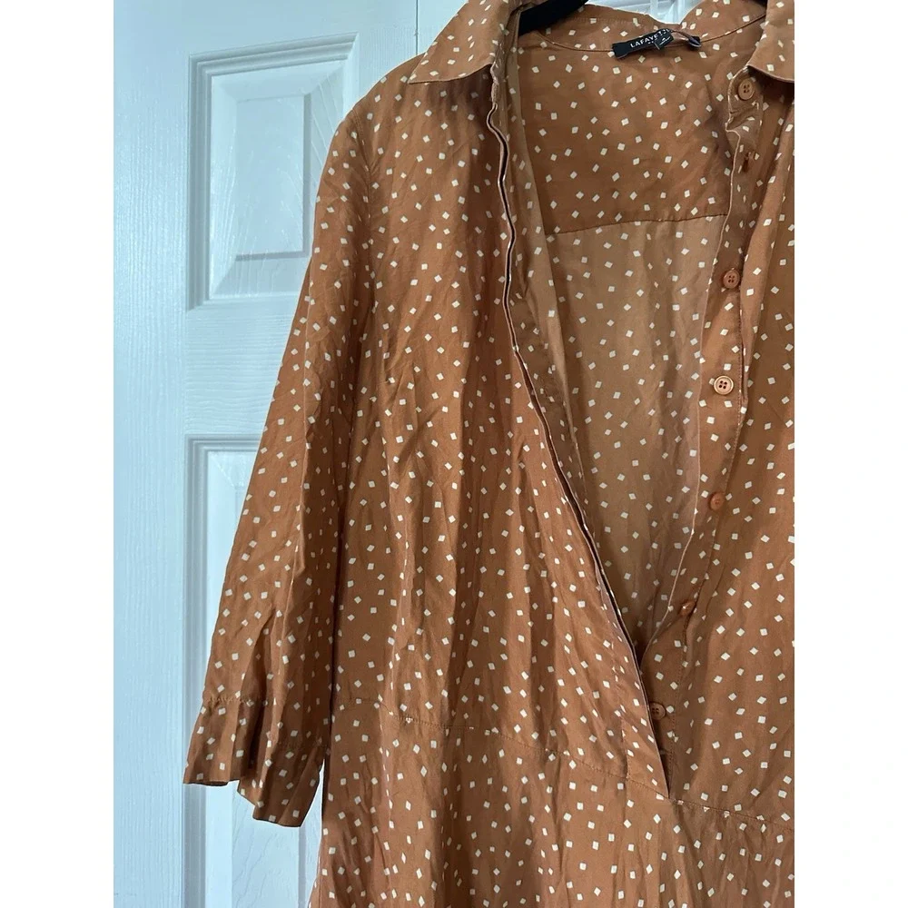 Lafayette 148 Women's Brown 3/4 Sleeve Silk Polka Dot Shirtdress Size 4 No Belt